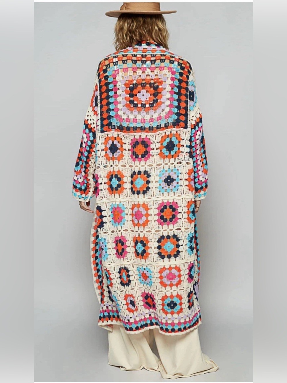 POL Multicolor Crochet Long Cardigan - Cream, Pink, Orange, Blue. One Size